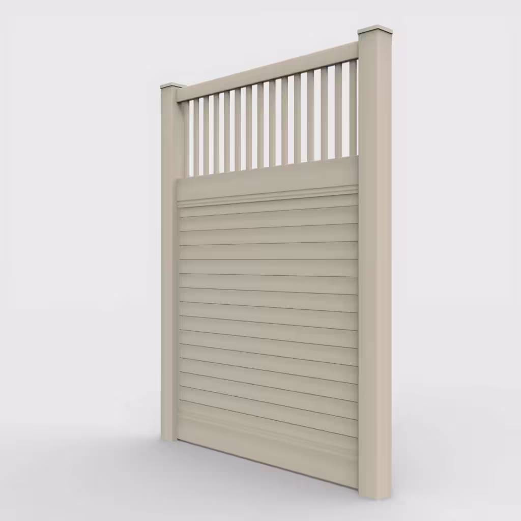 Tan horizontal privacy with picket vertical top 8 ft fence, left-side view