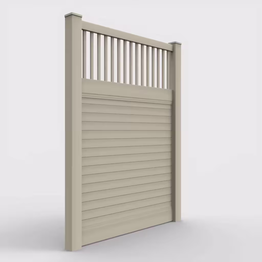 Tan horizontal privacy with picket vertical top 8 ft fence, right-side view
