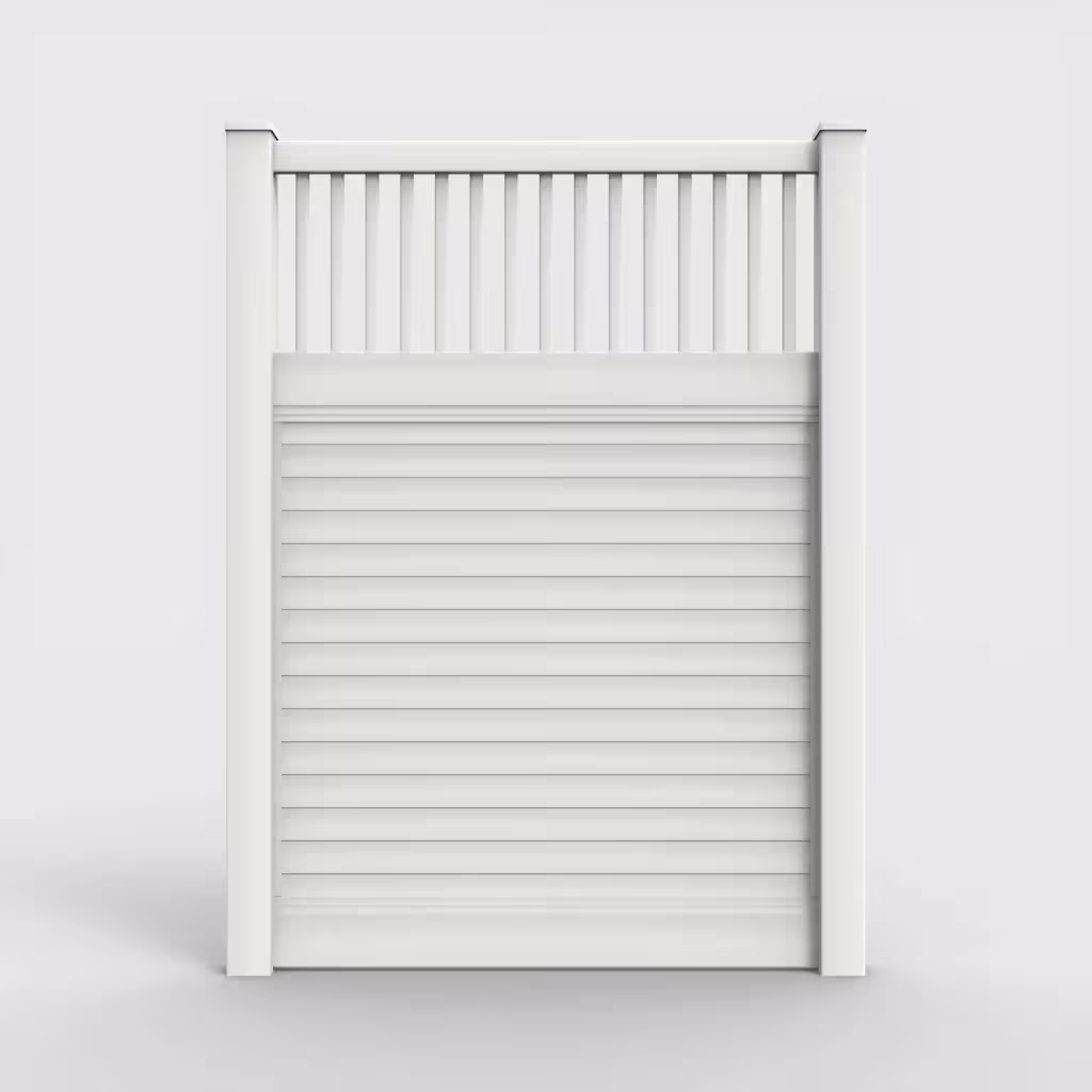 White horizontal privacy with picket vertical top 8 ft fence, front view