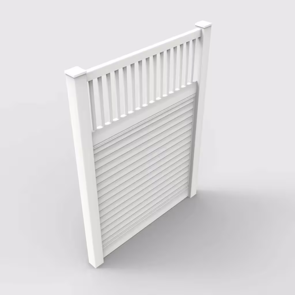 White horizontal privacy with picket vertical top 8 ft fence, isometric view