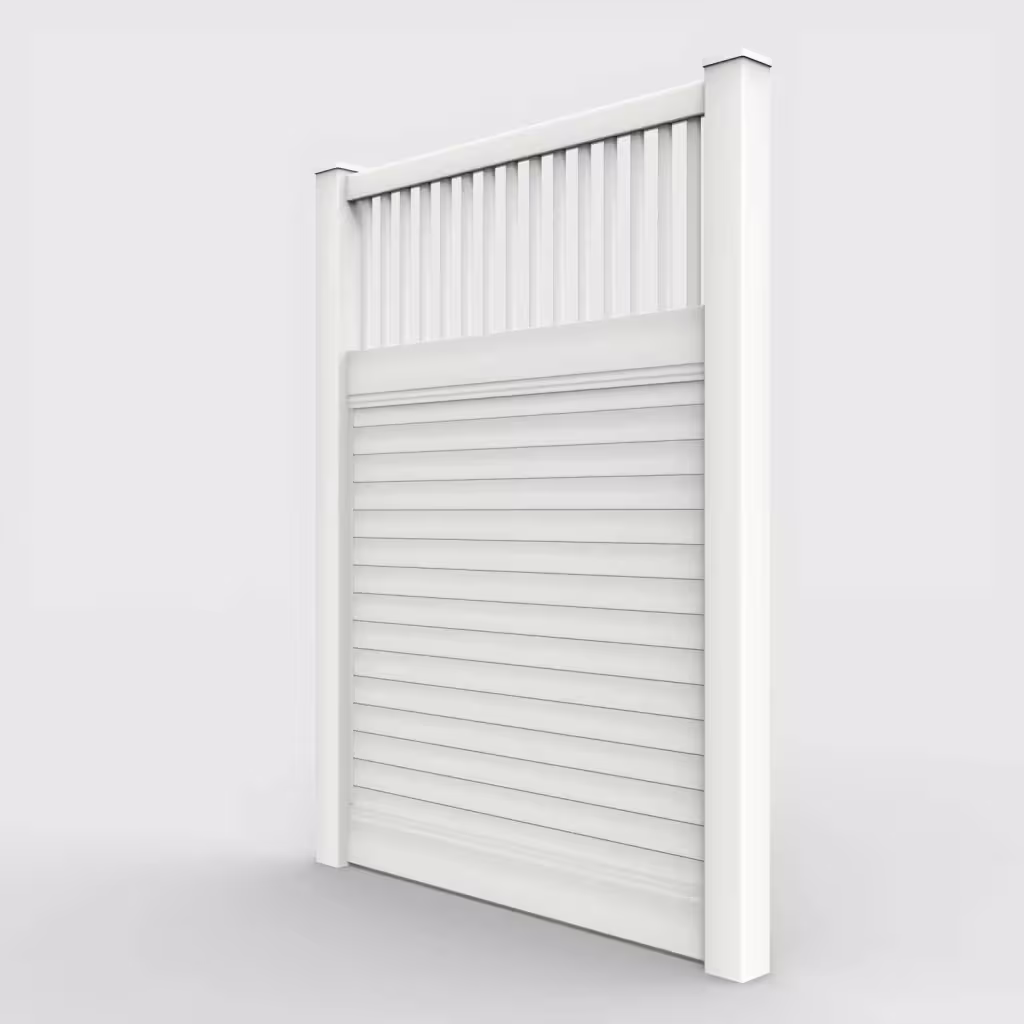 White horizontal privacy with picket vertical top 8 ft fence, left-side view
