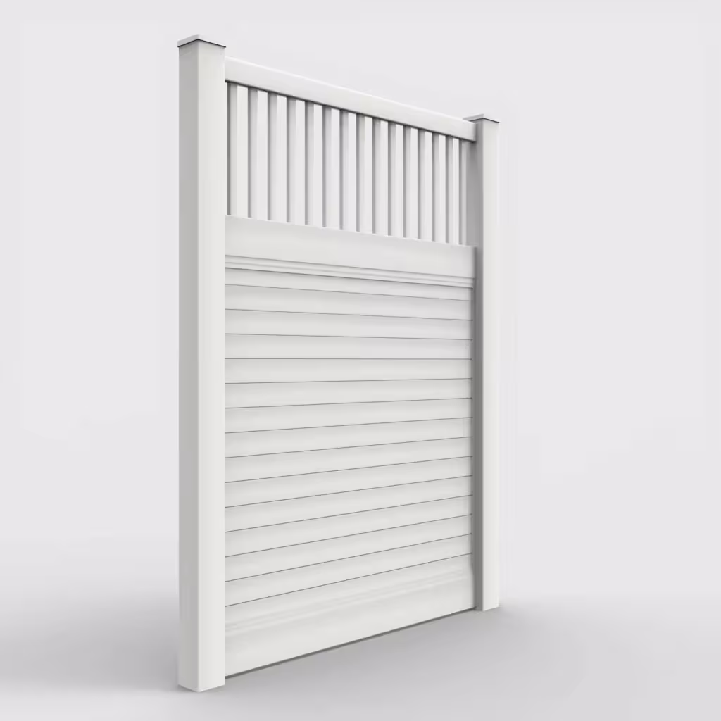 White horizontal privacy with picket vertical top 8 ft fence, right-side view