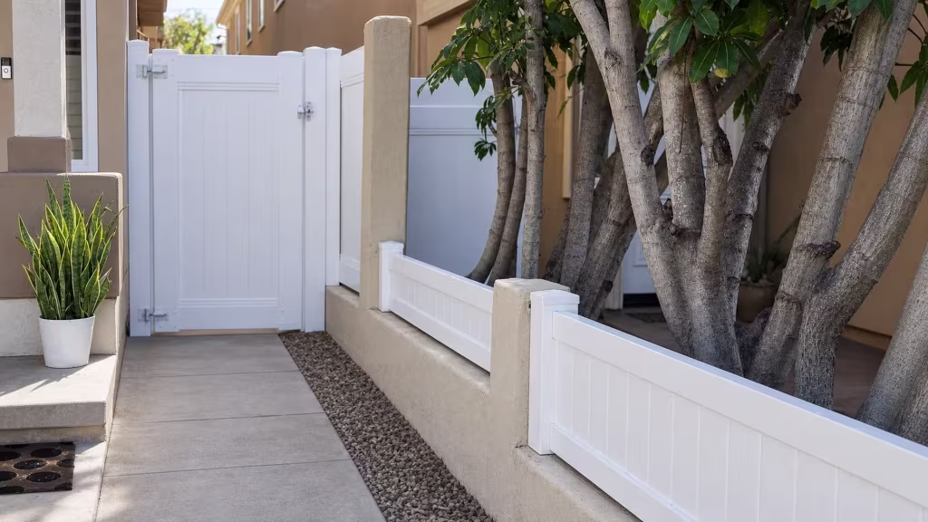 A multi-trunk tree frames this White vinyl gate on the privacy fence beside a porch and steps in Redondo Beach