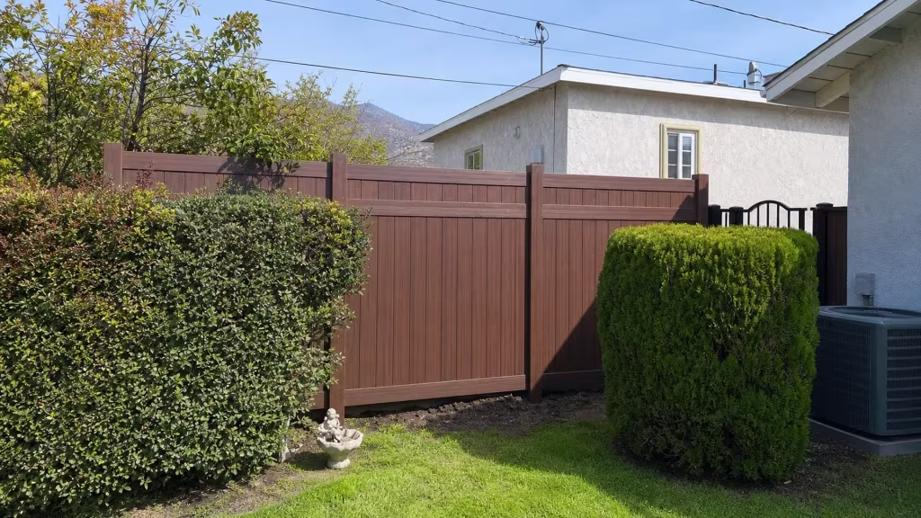 A small garden ornament and distant foothills frame this Dark Sequoia vinyl fence with a horizontal divider rail in Burbank