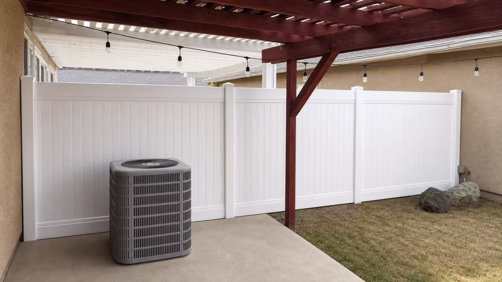 Black-cord string lights hang above this White vinyl privacy fence enclosing the HVAC and patio area in La Verne