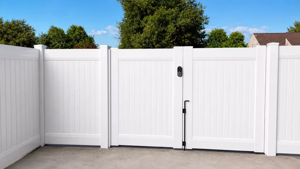 This White vinyl privacy fence turns a corner return along the concrete driveway beneath mature trees in Burbank