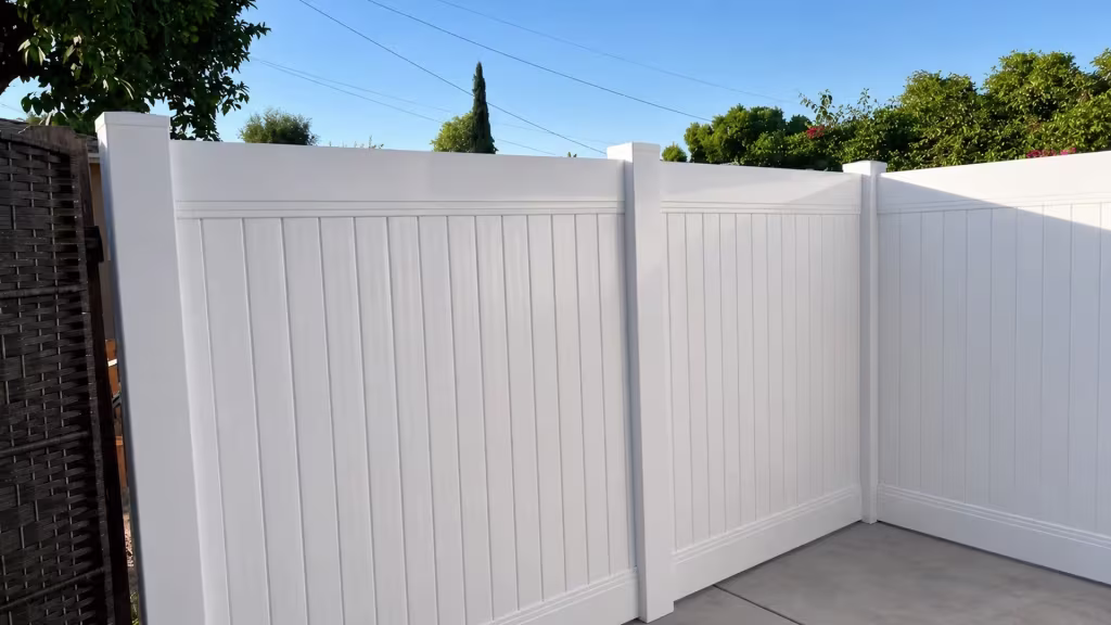 A dark woven boundary screen stands at left of this White vinyl privacy fence forming a right angle corner in Burbank