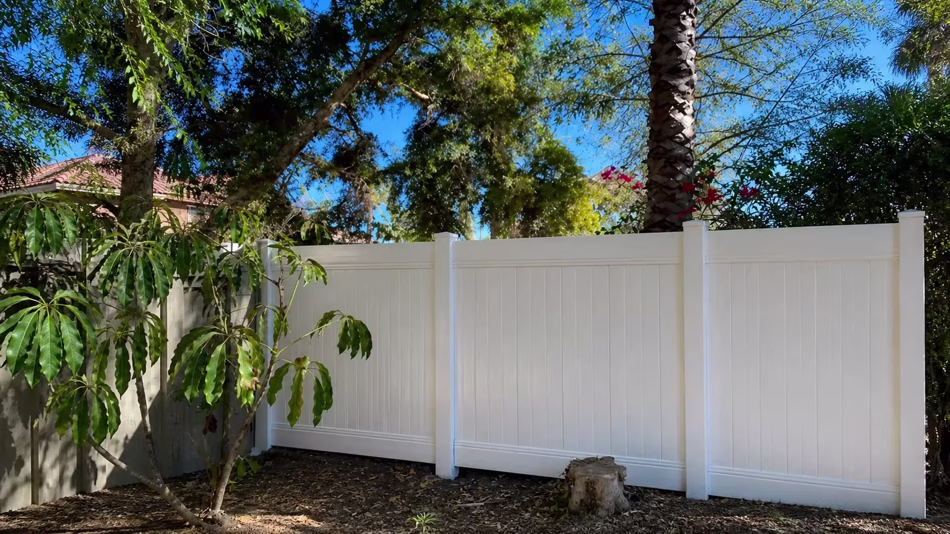 A tall palm trunk and a sparse planting bed sit behind this White vinyl fence in a Granada Hills yard