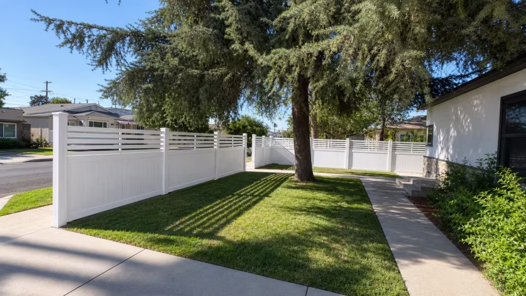 Aspen vinyl privacy fence encloses the front yard, its horizontal picket top rising above stone veneer and a mature conifer
