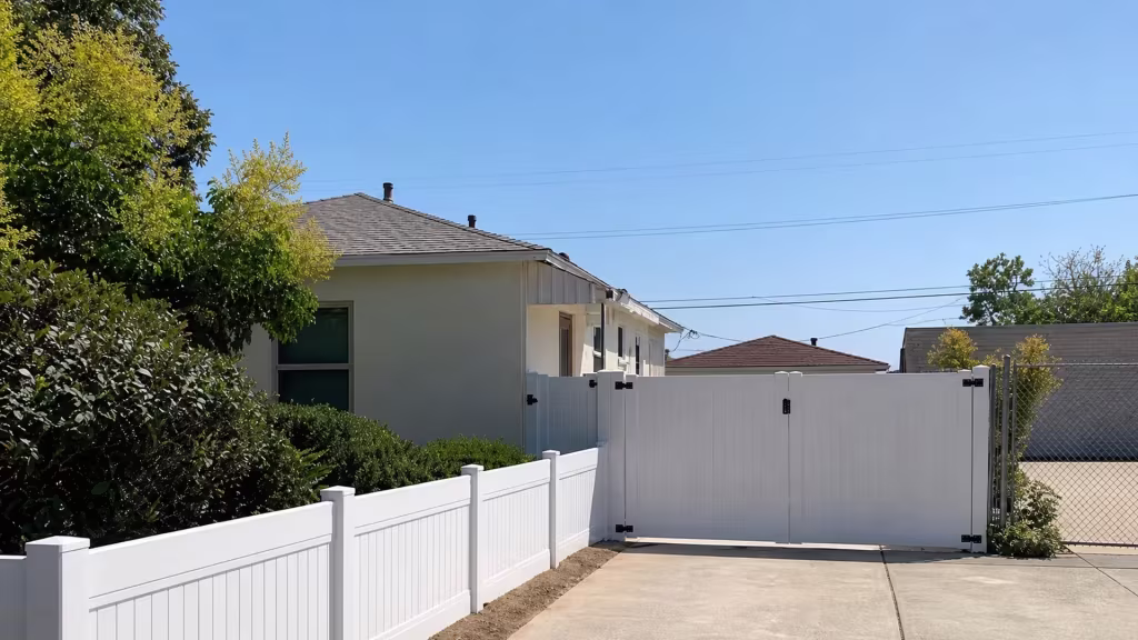 A beige house and a section of chain-link boundary flank this White vinyl privacy fence beside a paved driveway