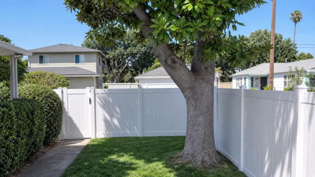 Matching White vinyl gates and a privacy fence enclose a front driveway beside a multi-trunk tree in Los Angeles