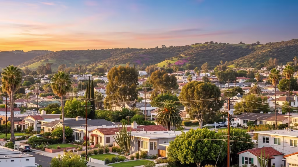 A residential neighborhood in Lawndale catches the last light at sunset with hills in the distance