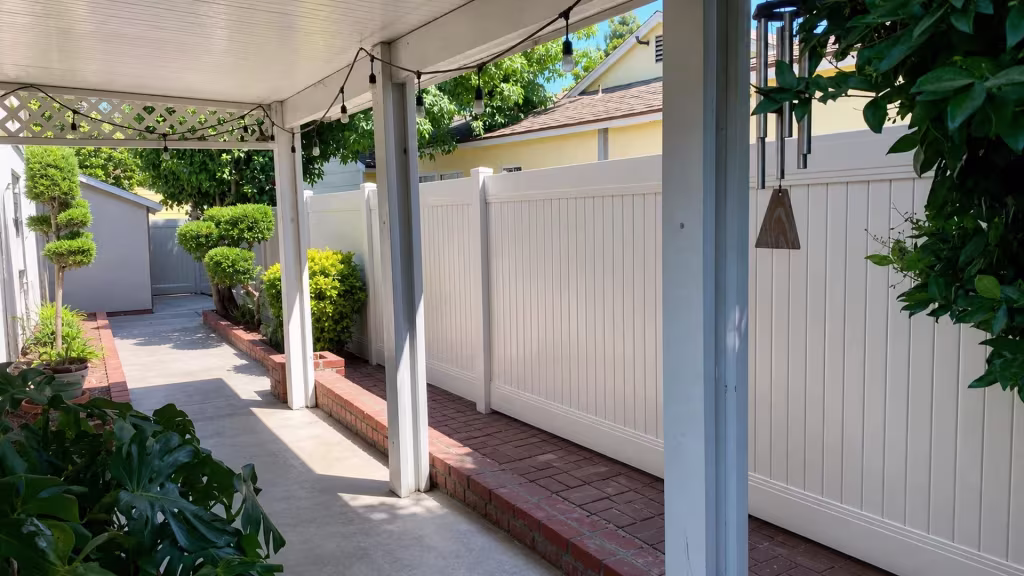 Tan vinyl privacy fence receding past patio lattice trim and a hanging wind chime in Culver City