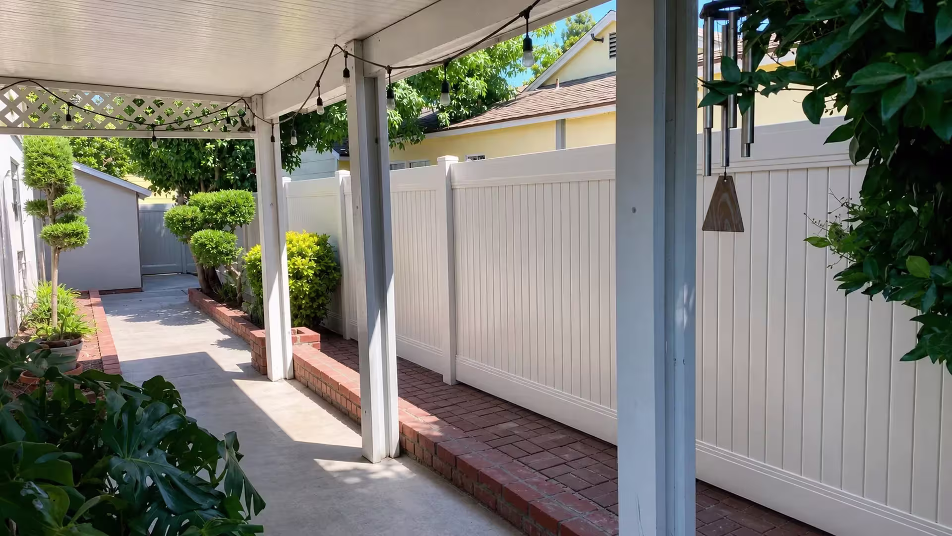 Tan vinyl privacy fence receding past patio lattice trim and a hanging wind chime in Culver City
