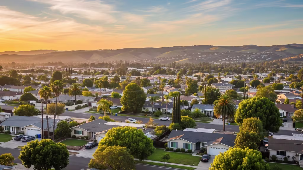 A low-rise residential cityscape spreads across Lomita, palms and hills framing the elevated view