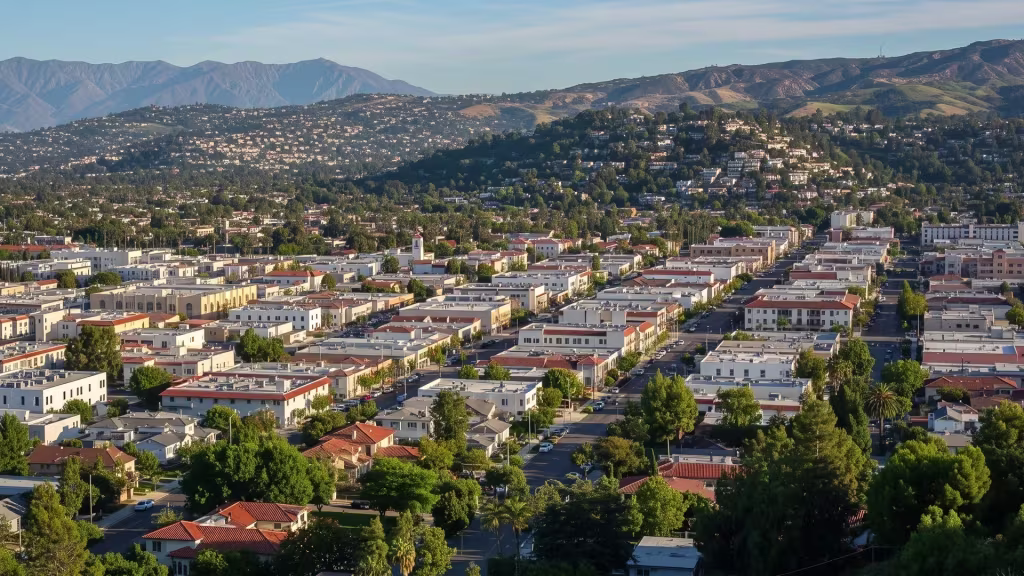 An elevated look at Montebello, where the urban cityscape spreads across a series of hills