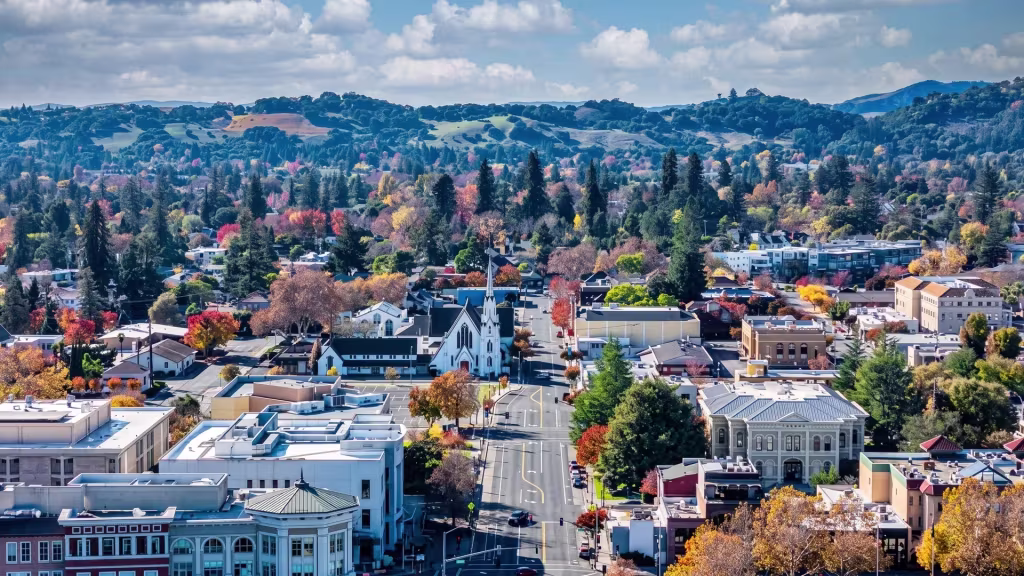 A tree-lined town center sits at the heart of Napa, framed by surrounding hills