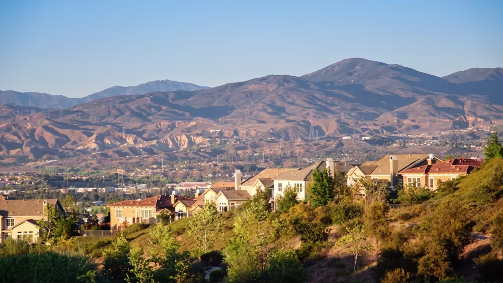 Newhall's residential valley sits framed by dry mountains in this elevated panorama