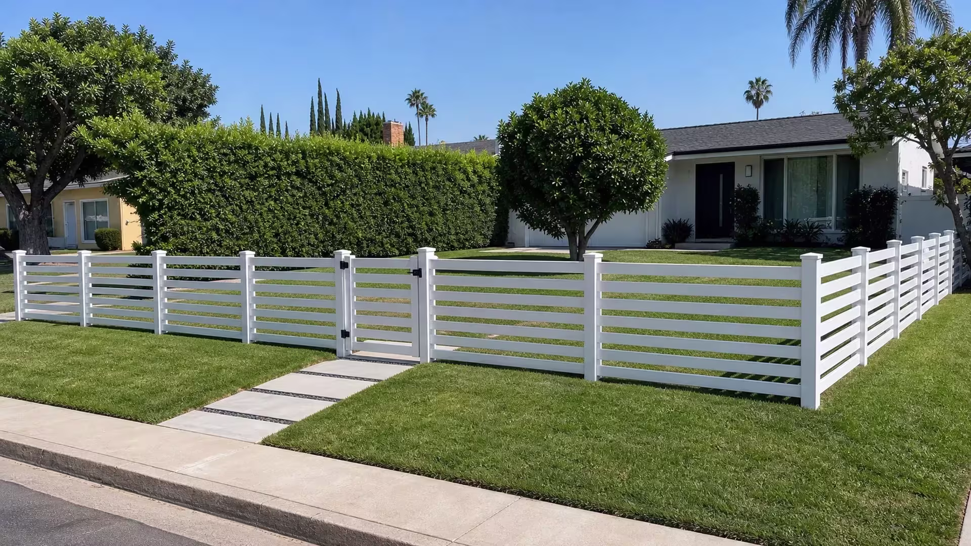 Bright daylight spans this Westchester front yard, where a White horizontal-picket vinyl fence lines the curb and hedge