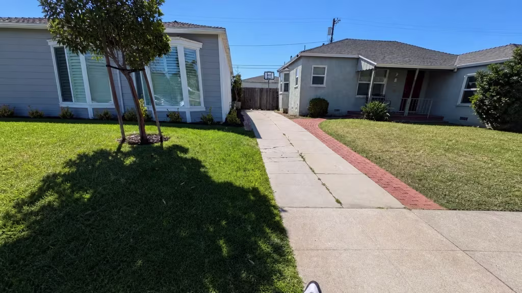 Before installation, two neighboring front lawns flank a shared driveway that ends at an older wood gate.