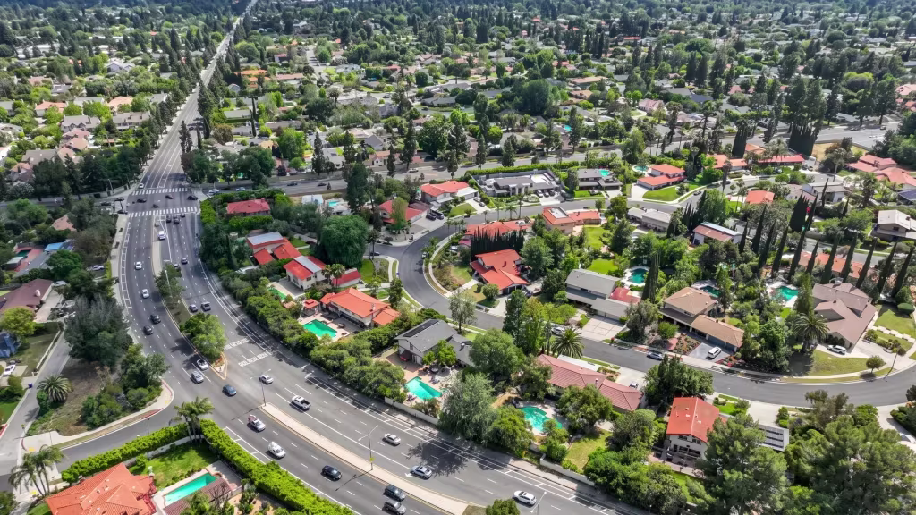 A major road cuts through Northridge's leafy residential neighborhoods in this aerial city view
