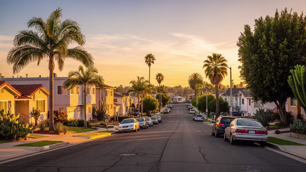 Golden hour light falls across a palm-lined residential street at street level in Pacoima