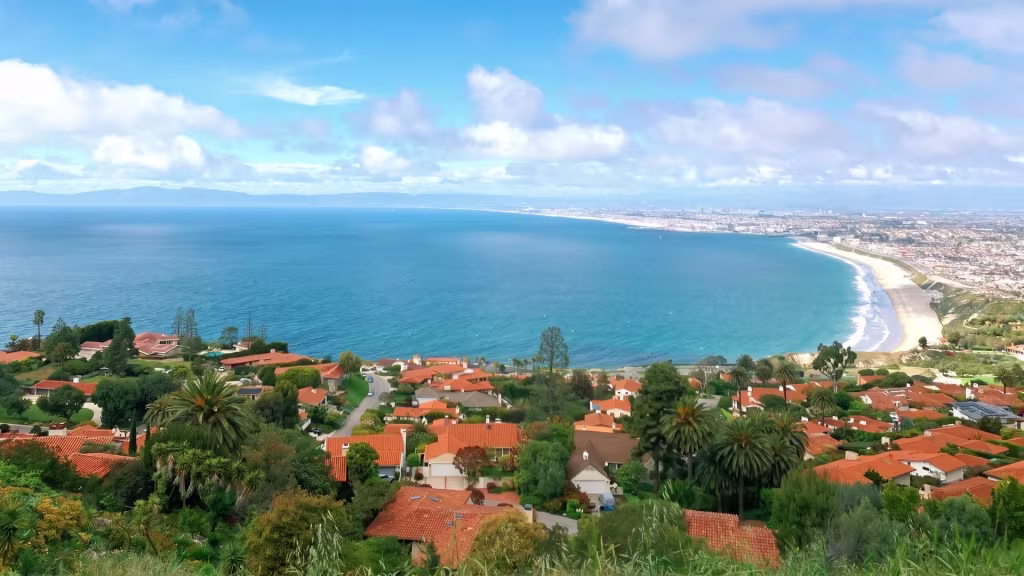 Palos Verdes Estates spreads along the coast in this panorama, homes looking out over the ocean