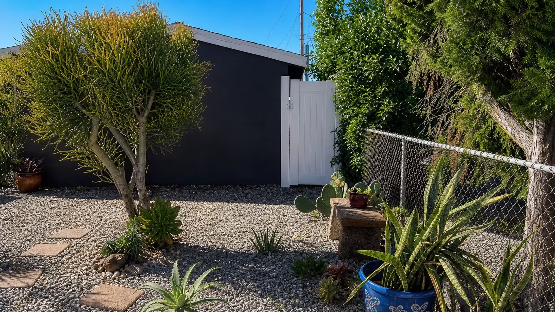 Succulents and a pedestal bench frame this Lakewood garden, and a White vertical vinyl picket fence closes with a gate