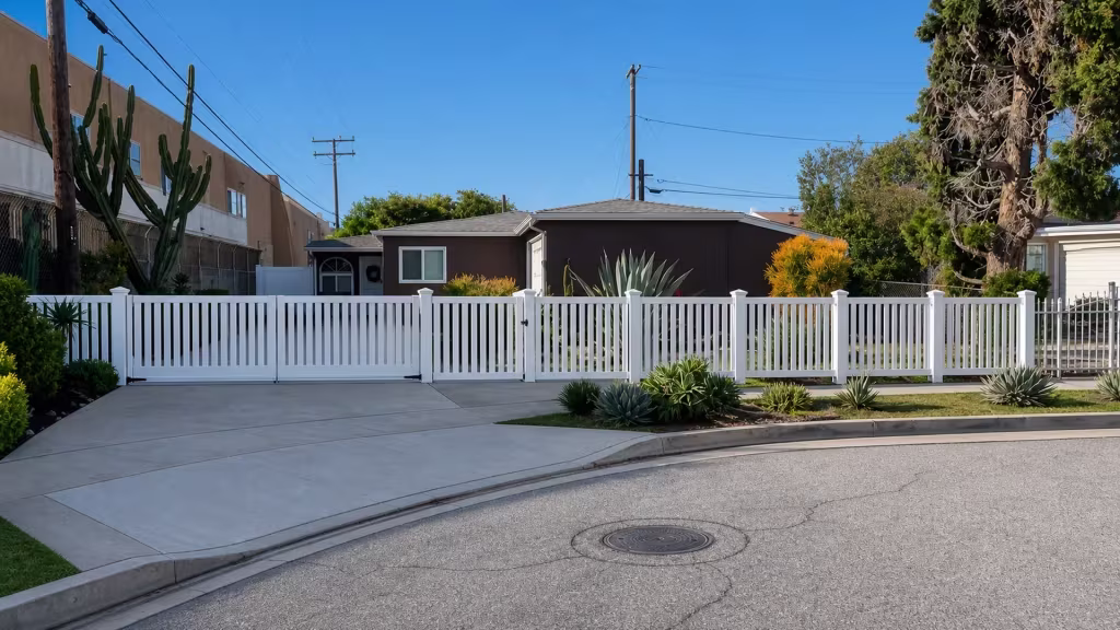 Palms and agaves line this Lakewood frontage, and a White vertical vinyl picket fence reaches the driveway gate