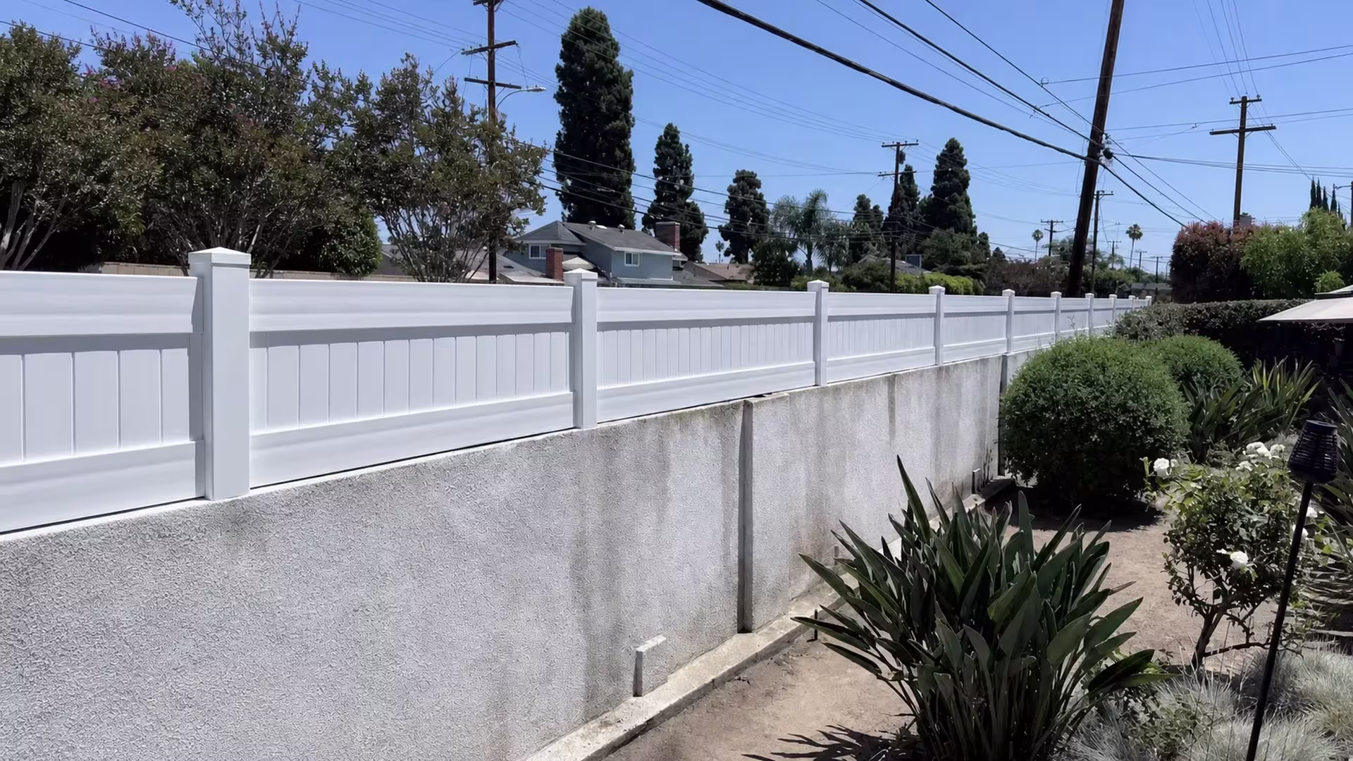 Bird-of-paradise clumps and roses crowd the base of this Garden Grove yard's White vinyl wall topper, added for privacy