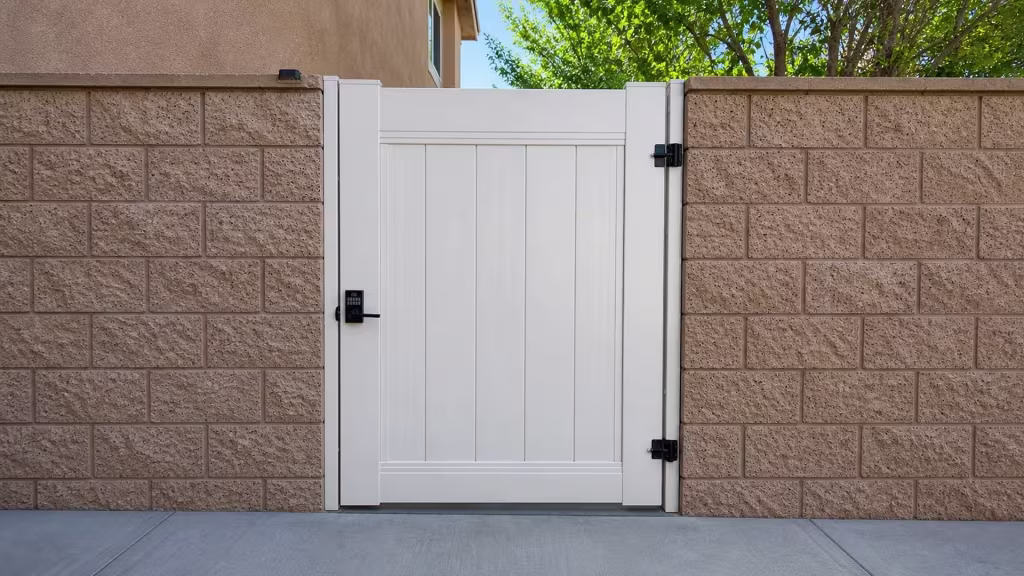 Tan vinyl privacy gate hung between two matching concrete block walls above a paved threshold
