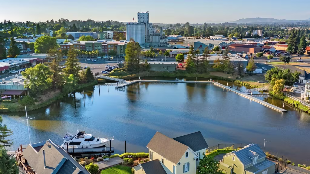 Petaluma's riverfront district spreads below a low-rise town center in this elevated scenic overlook