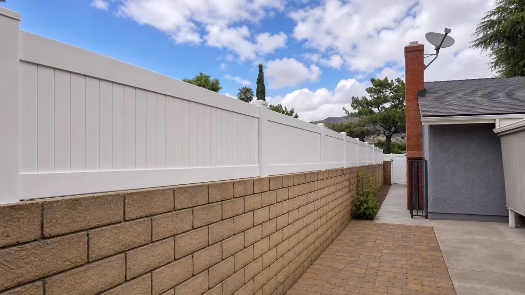 A brick chimney and satellite dish rise beyond this White vinyl privacy wall topper lining a Sunland yard