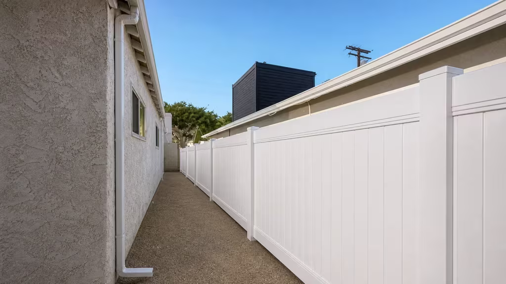 A gravel and soil strip runs beside this White vinyl privacy fence and gates between two houses in Culver City