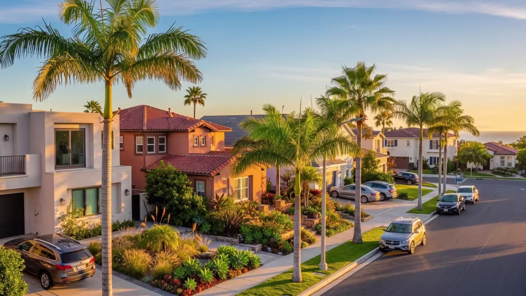 Street-level look at a palm-lined coastal residential neighborhood in Port Hueneme