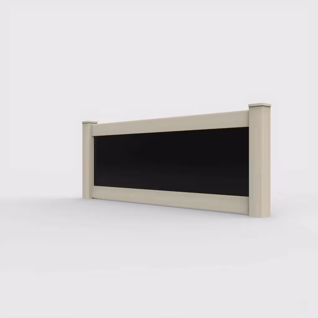 Tan privacy and acrylic 3 ft wall topper, left-side view