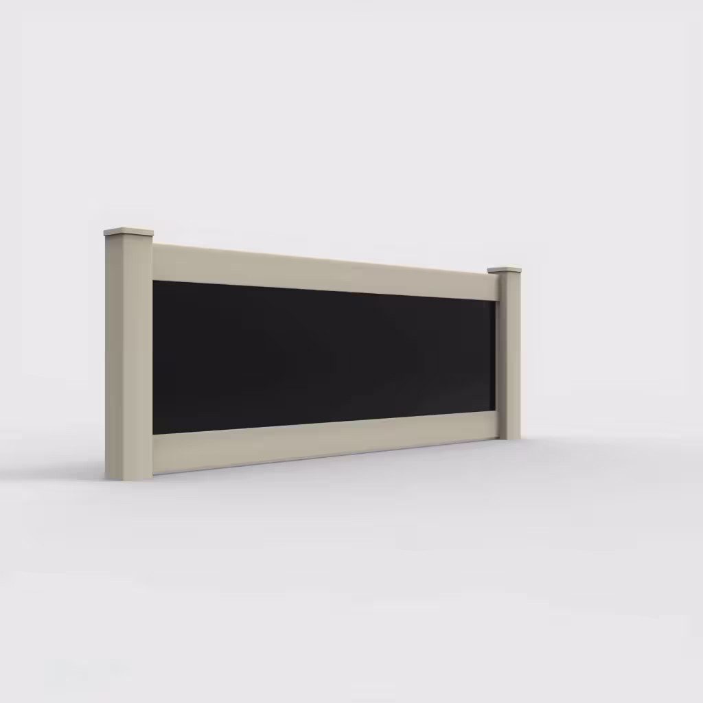 Tan privacy and acrylic 3 ft wall topper, right-side view