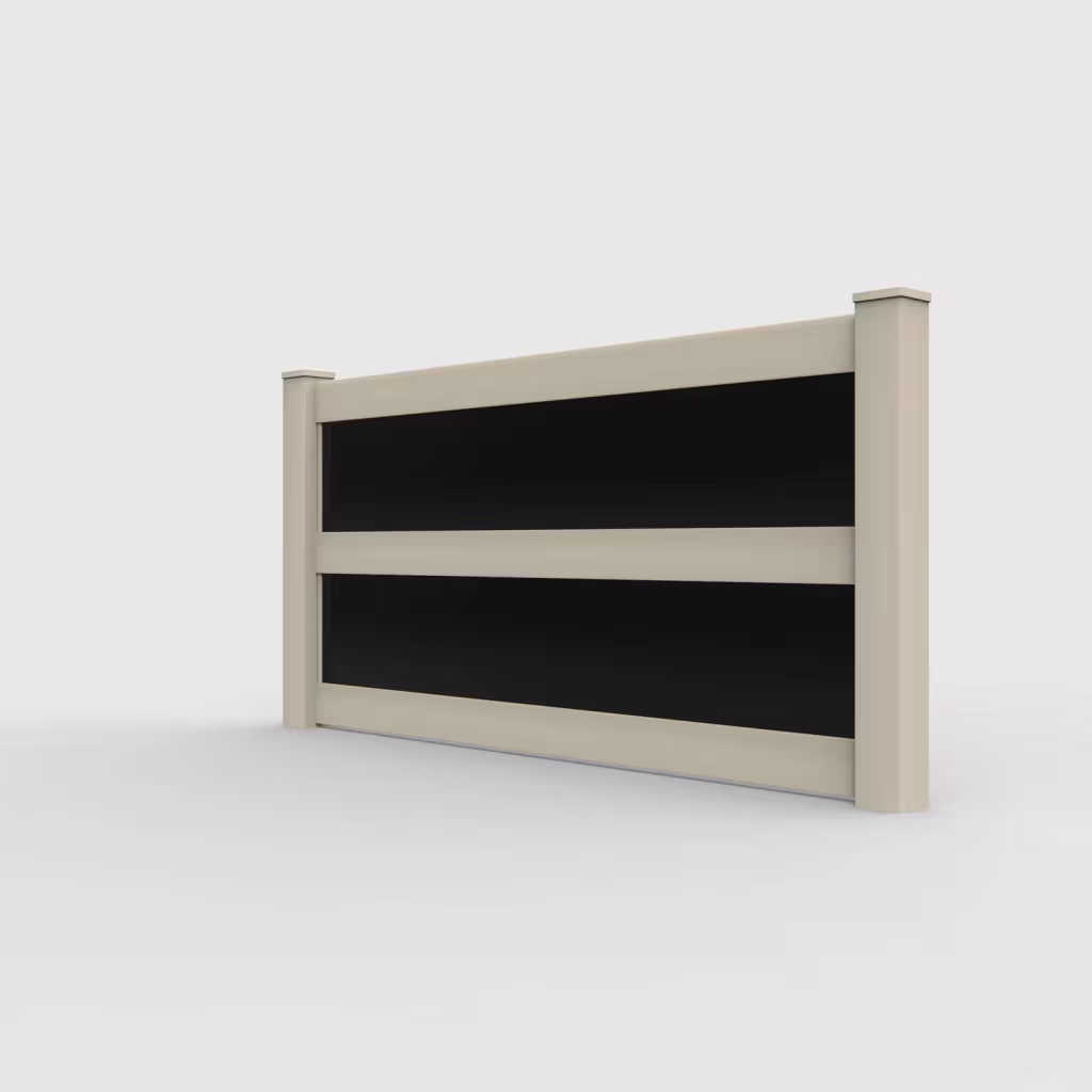 Tan privacy and acrylic 4 ft fence, left-side view