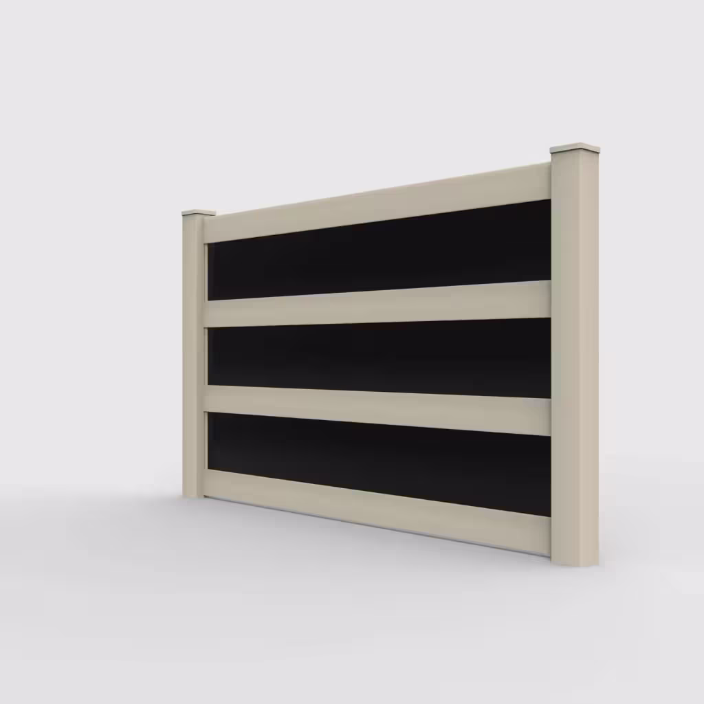 Tan privacy and acrylic 5 ft fence, left-side view