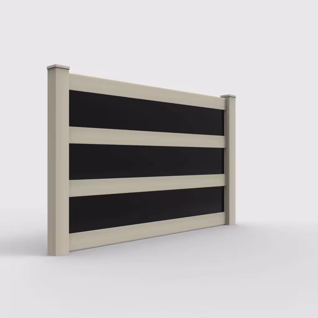 Tan privacy and acrylic 5 ft fence, right-side view