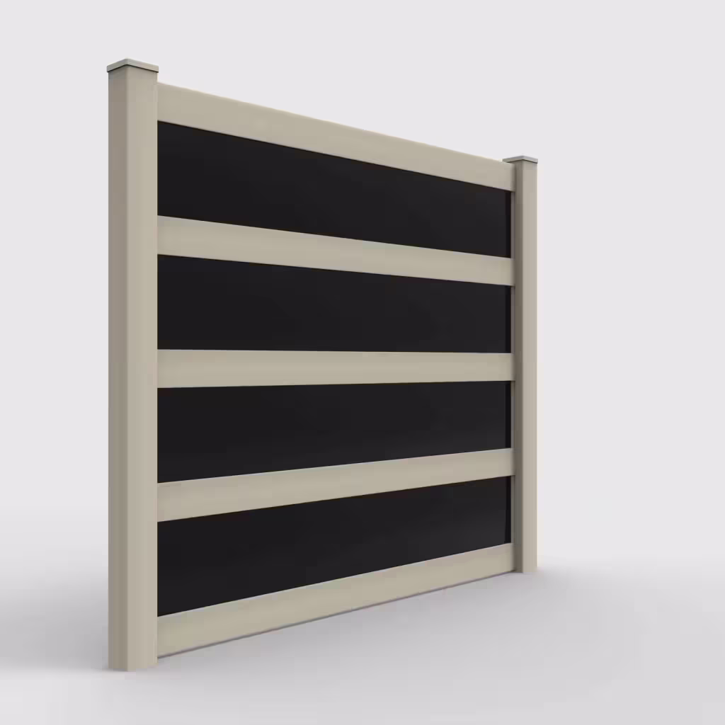 Tan privacy and acrylic 7 ft fence, right-side view