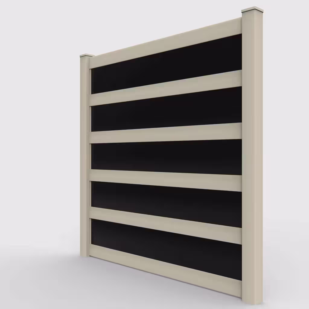 Tan privacy and acrylic 8 ft fence, left-side view