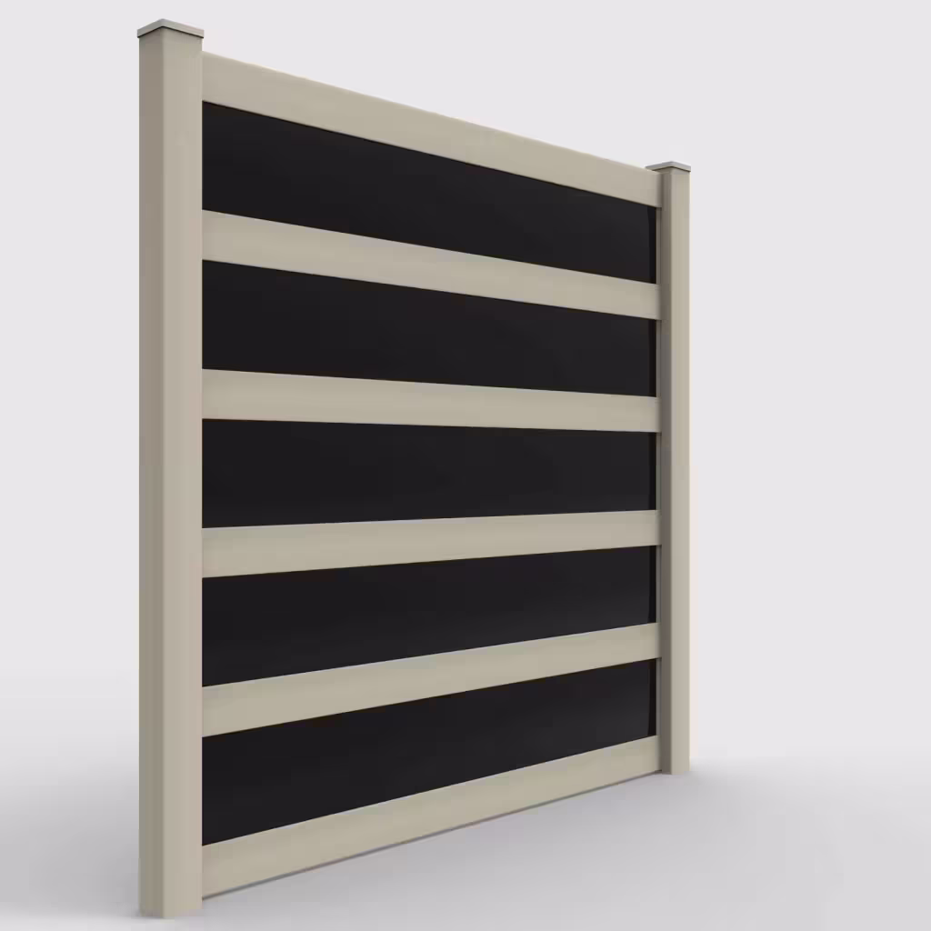 Tan privacy and acrylic 8 ft fence, right-side view