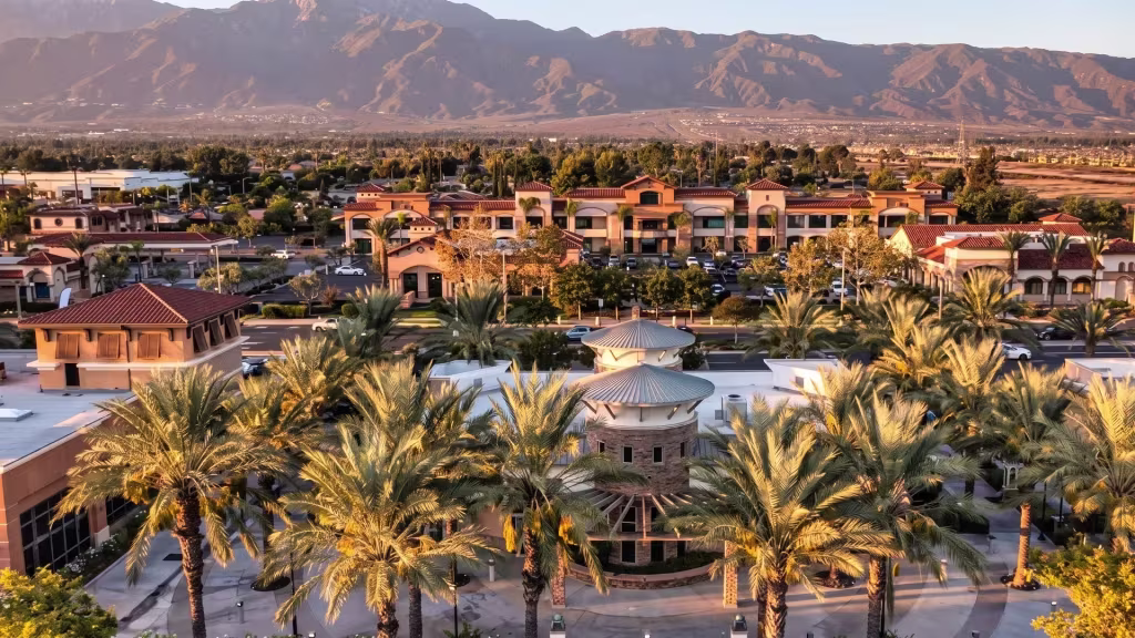 Rancho Cucamonga's palm-filled commercial complex sits beneath mountains in this elevated view