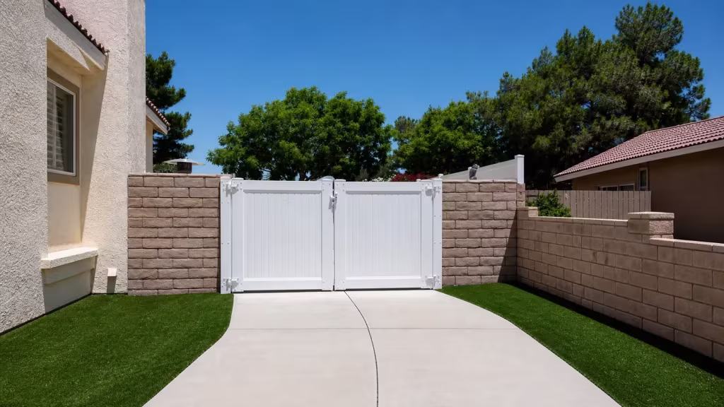 A curving concrete driveway meets a White vinyl double privacy gate beside the cream stucco house wall in Palmdale