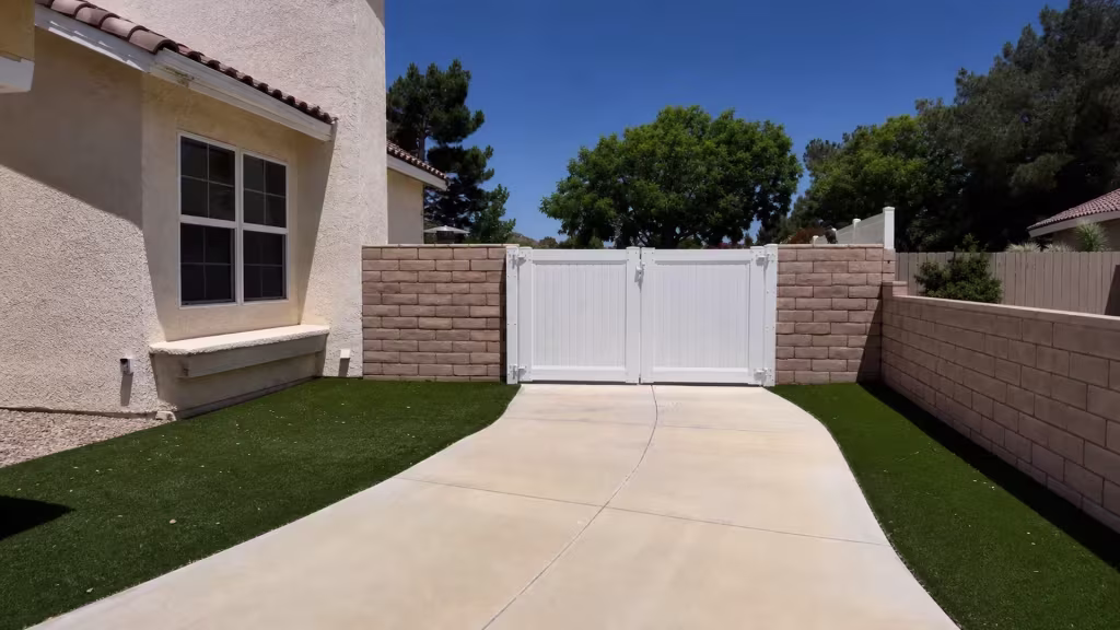 Mature pines rise beyond the block wall as a White vinyl privacy double gate closes the turf-lined Palmdale driveway