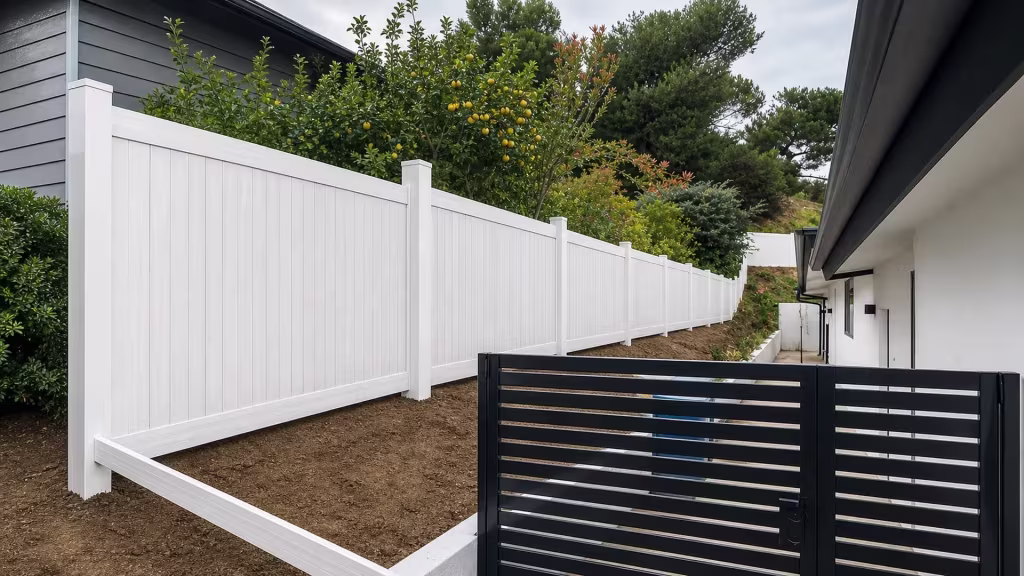 Aspen vinyl privacy fence following a narrow descending side-yard passage past a lemon tree in Sherman Oaks