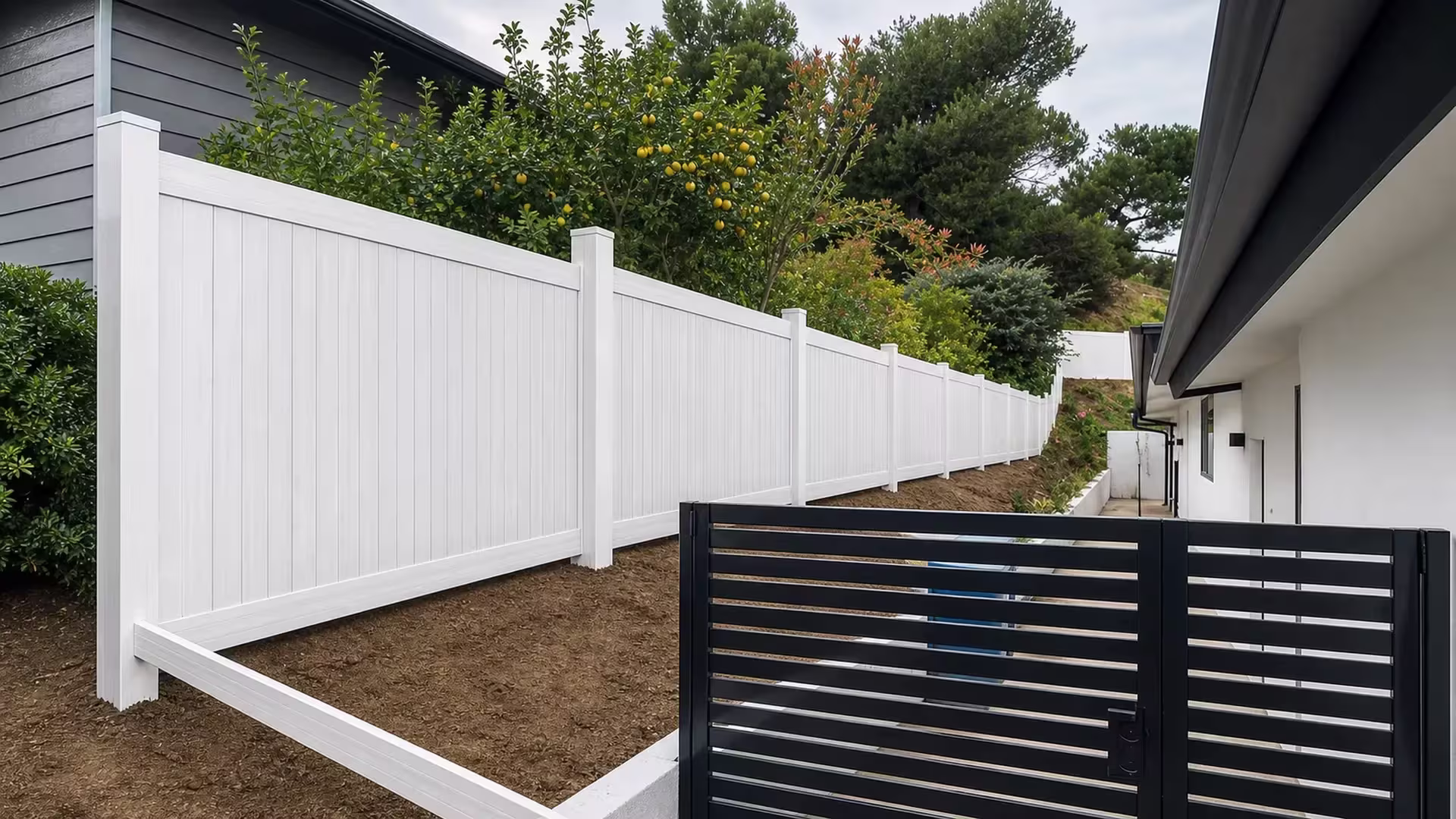 Aspen vinyl privacy fence following a narrow descending side-yard passage past a lemon tree in Sherman Oaks