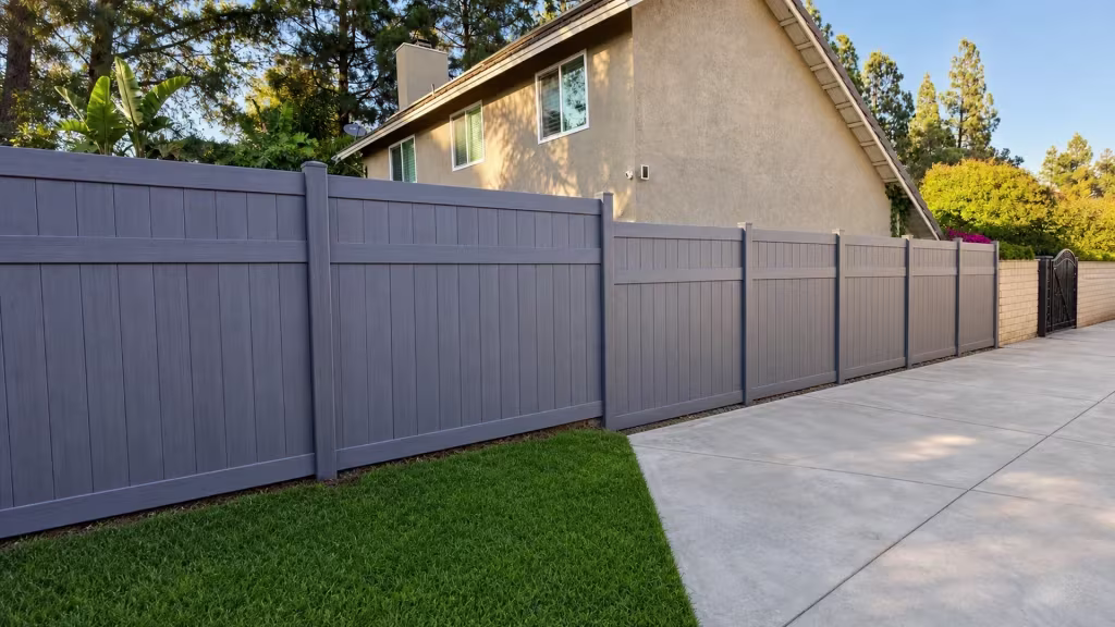 Arctic Blend vinyl privacy fence receding past a beige stucco house toward a black metal gate in Rancho Cucamonga