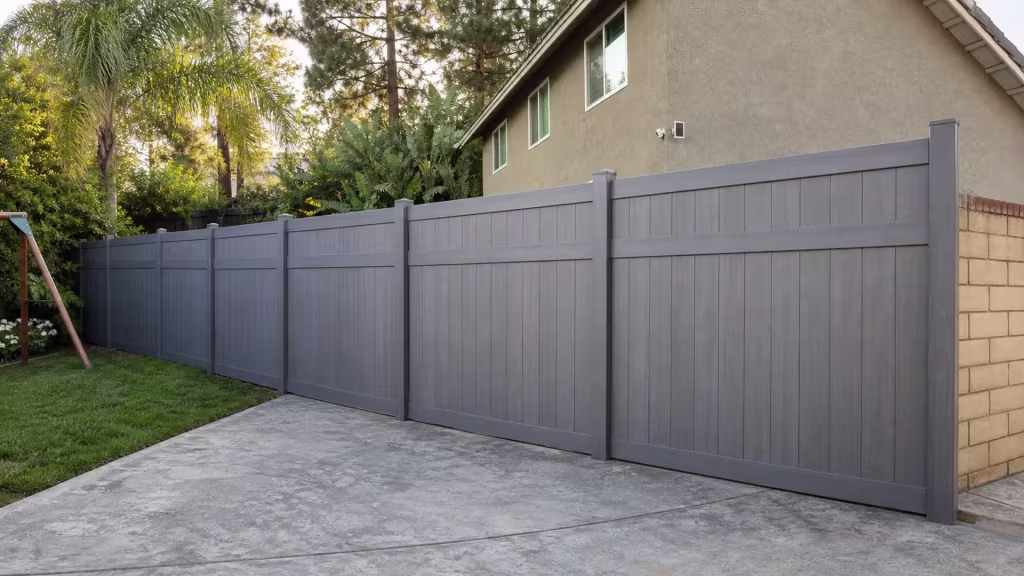 White-trimmed windows and a chimney rise above this Arctic Blend vinyl fence lining a Rancho Cucamonga patio